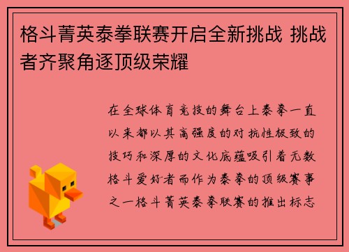 格斗菁英泰拳联赛开启全新挑战 挑战者齐聚角逐顶级荣耀