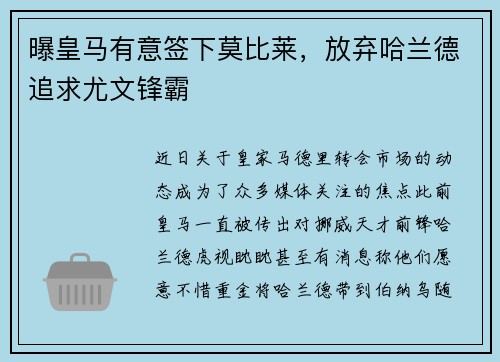 曝皇马有意签下莫比莱，放弃哈兰德追求尤文锋霸